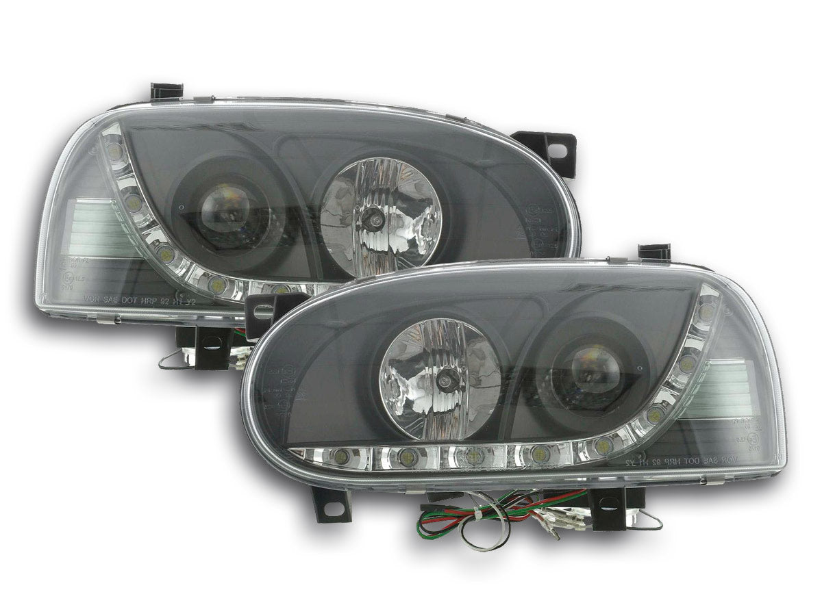 Scheinwerfer Set Daylight LED Tagfahrlicht VW Golf 3 91-97 schwarz Scheinwerfer Set Daylight LED Tagfahrlicht VW Golf 3 91-97 schwarz